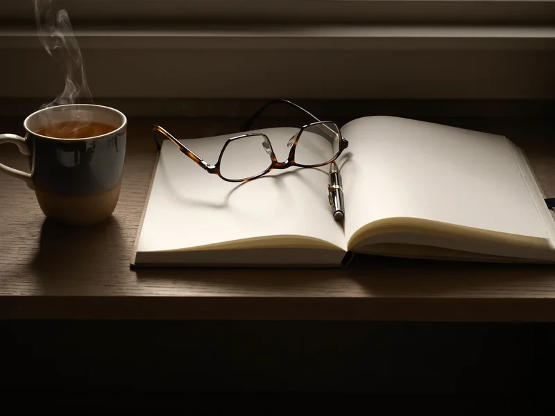 Occhiali da lettura, penna, quaderno e una tazza di tè su una scrivania chiara.